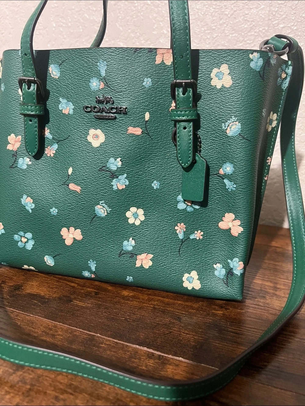 Beautiful Coach Green Floral Shoulder Tote with Pink & Blue Flowers